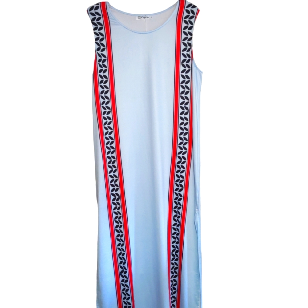 Cupshe Light Blue Maxi Dress with Red and Navy Trim